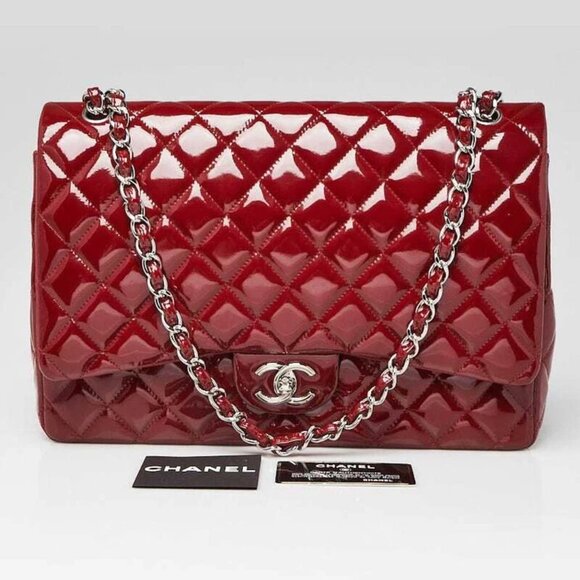 Chanel Red Quilted Patent Leather Classic Maxi Double Flap Bag - Picture 1 of 11